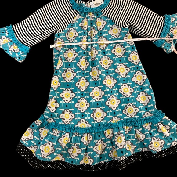 Rare Editions blue yellow black striped ruffled twirl long sleeve dress sz 6 sl - Picture 5 of 7